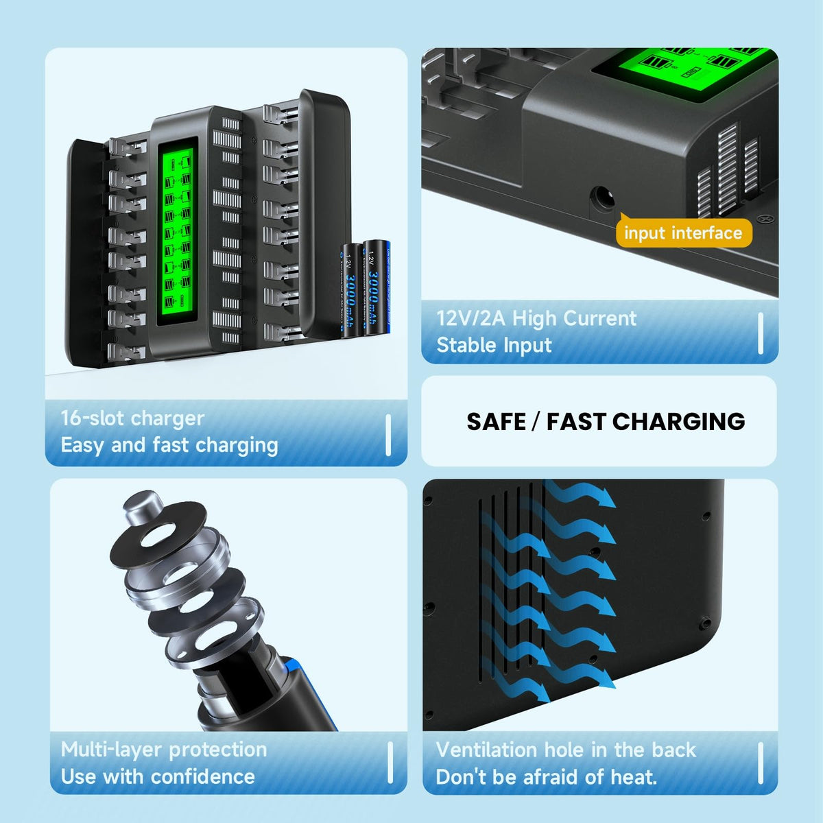16 Bay Rechargeable Battery Charger with LCD Display H6587