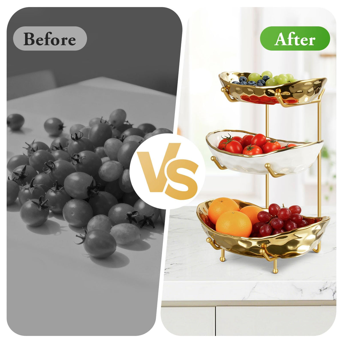 3 Tier Ceramic Fruit Bowl with Metal Stand A3486