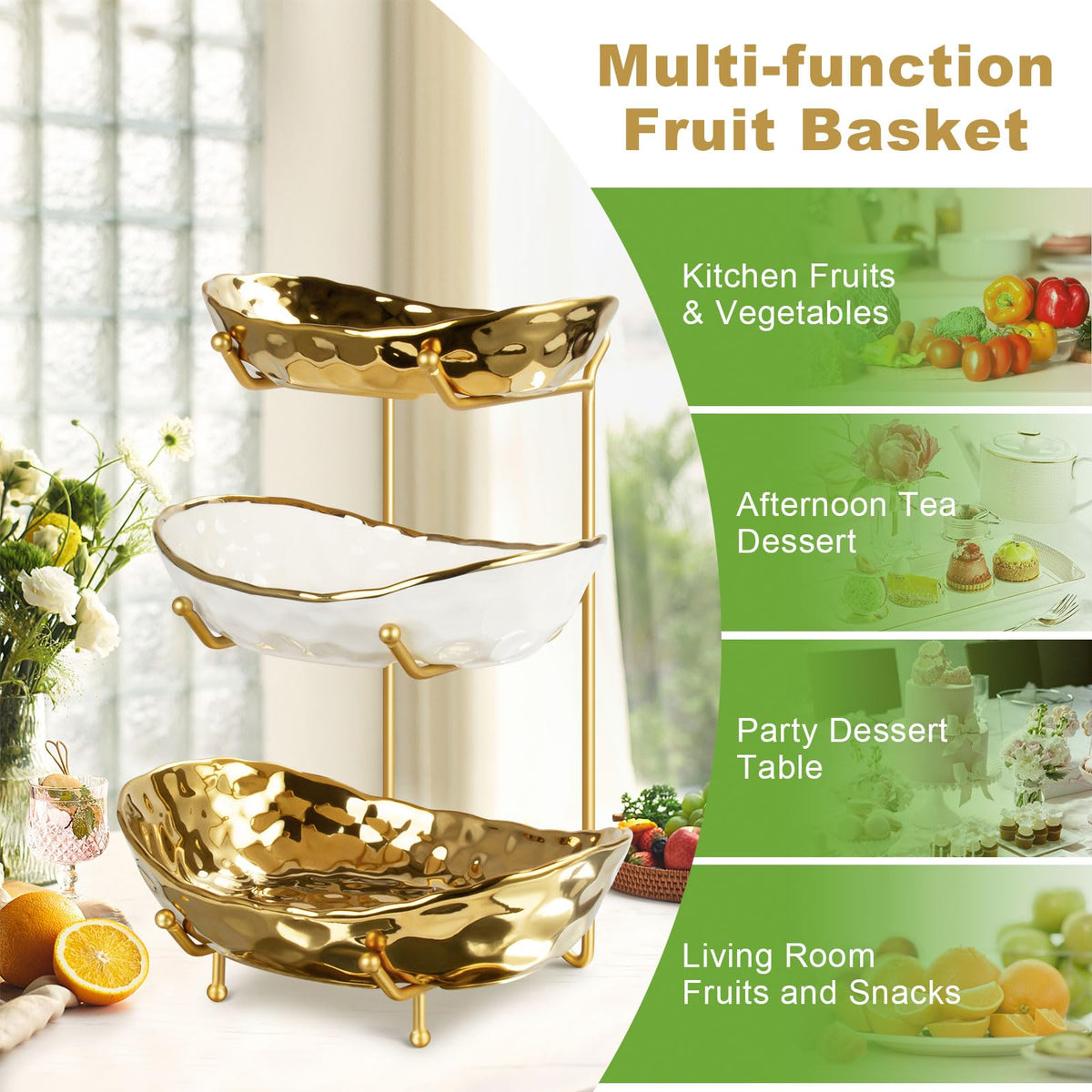 3 Tier Ceramic Fruit Bowl with Metal Stand A3486