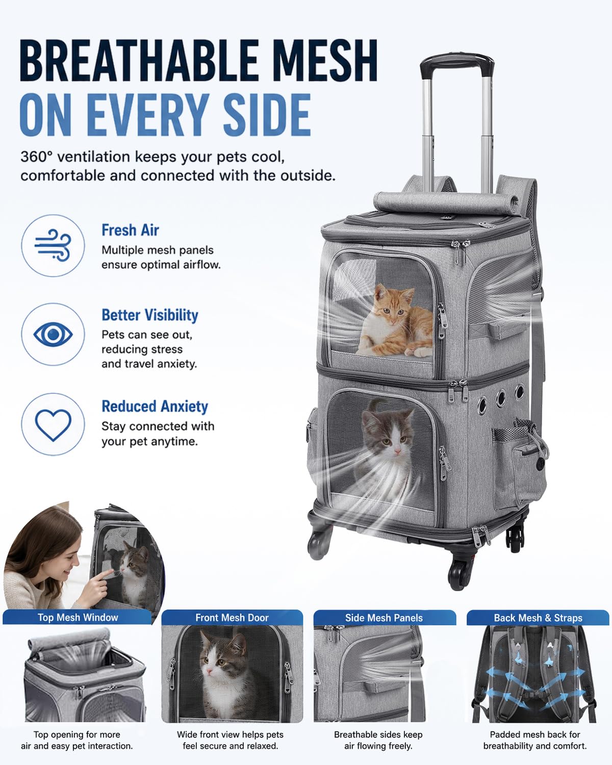 Double-Compartment Cat Backpack Carrier with Wheels Y981