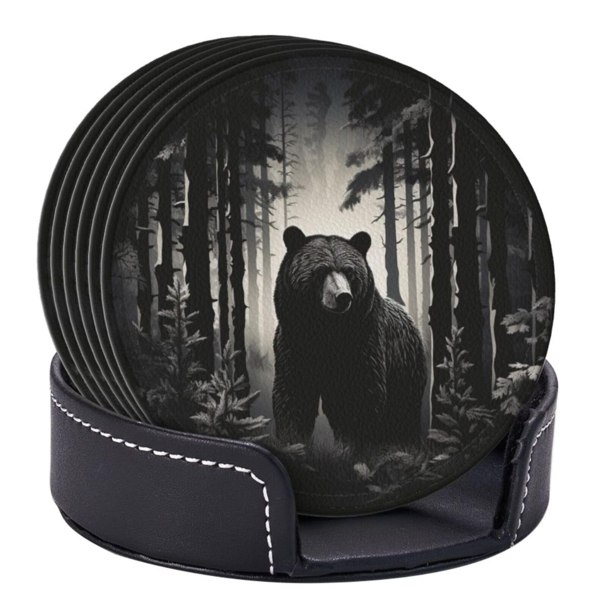 Black 6 Pcs Leather Coasters with Holder U96942