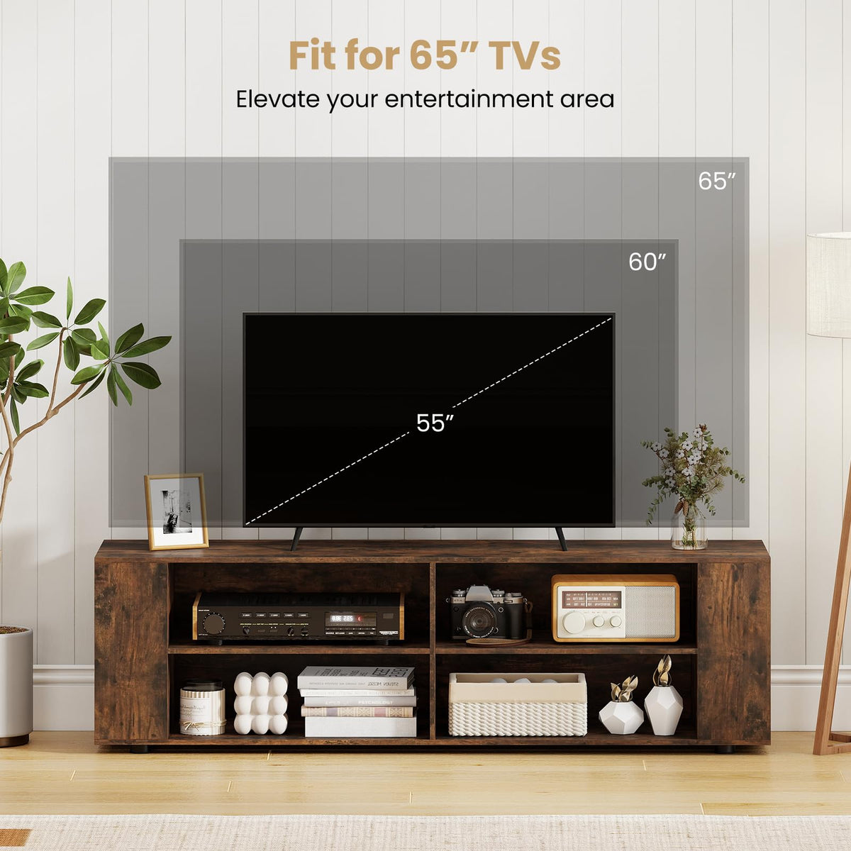 Rustic Brown Wood TV Stand with 8 Open Shelves U597346