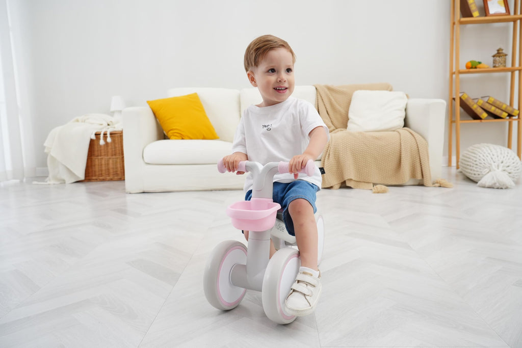 Pink Toddler Balance Bike with Adjustable Seat and Front Basket S64735