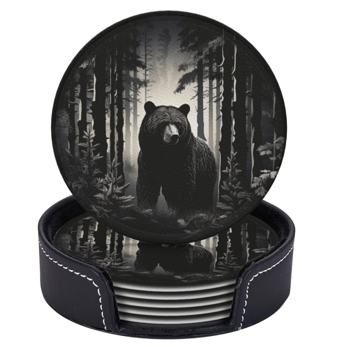Black 6 Pcs Leather Coasters with Holder U96942