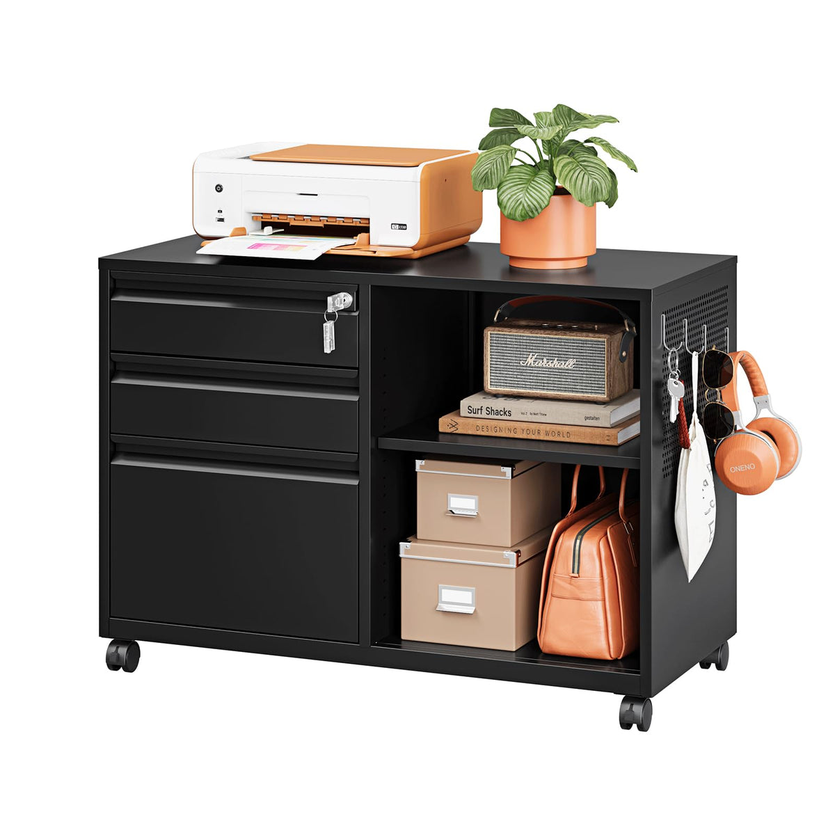 3 Drawer Metal File Cabinet with Lock and Shelves U728