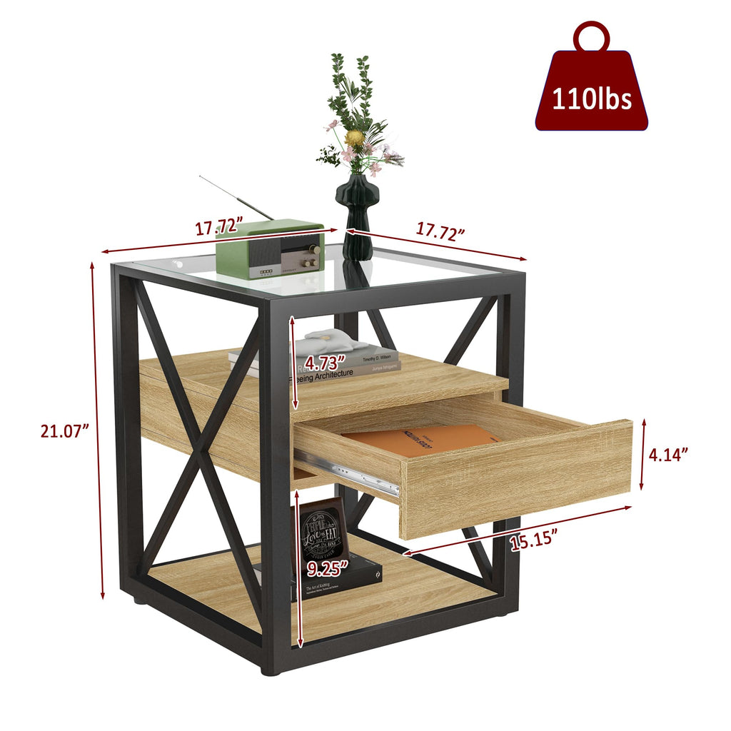 Brown Wood Glass Metal End Table Set of 2 A79588
