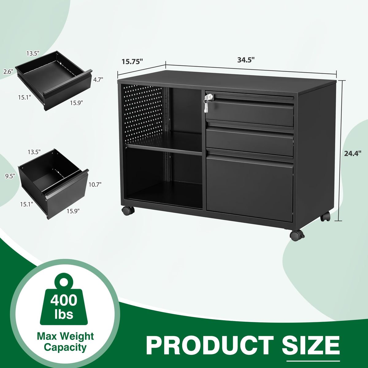 3 Drawer Metal File Cabinet with Lock and Shelves U728