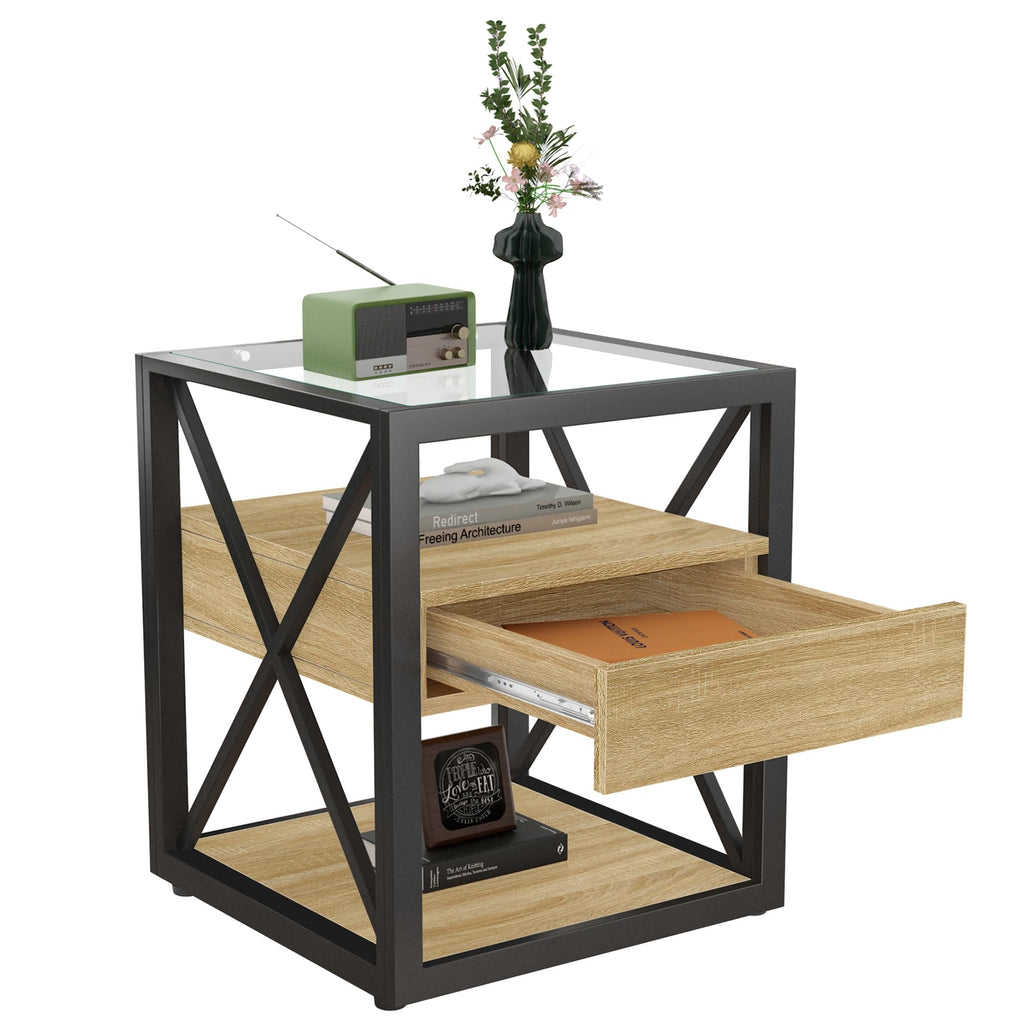 Brown Wood Glass Metal End Table Set of 2 A79588