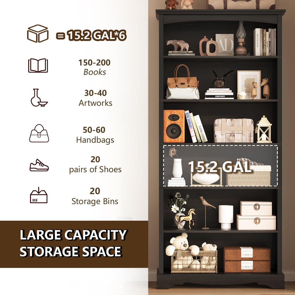6-Tier 76 Inch Tall Black Wooden Bookshelf X535552
