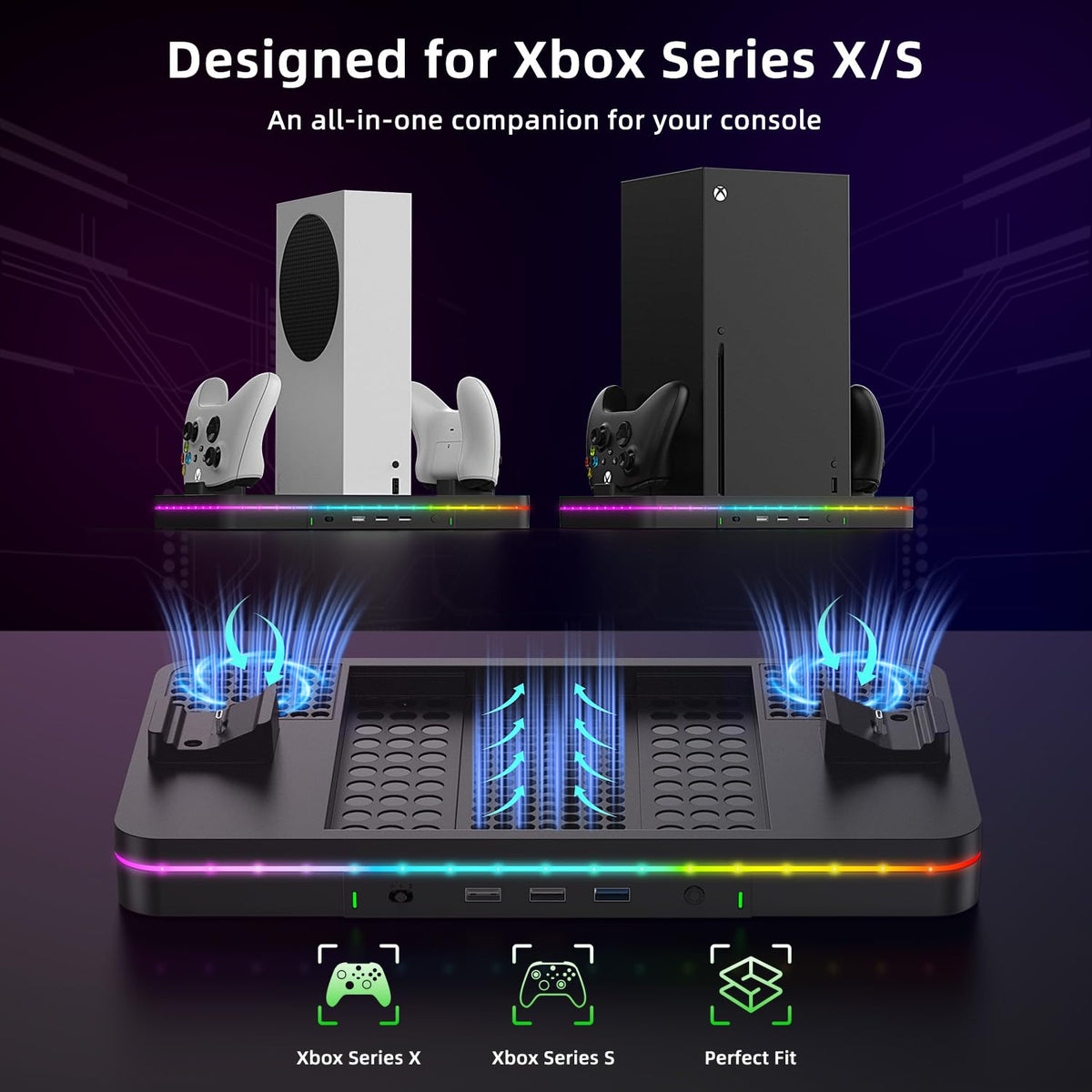 Black Cooling Fan Charging Stand with 3 USB Ports C33711