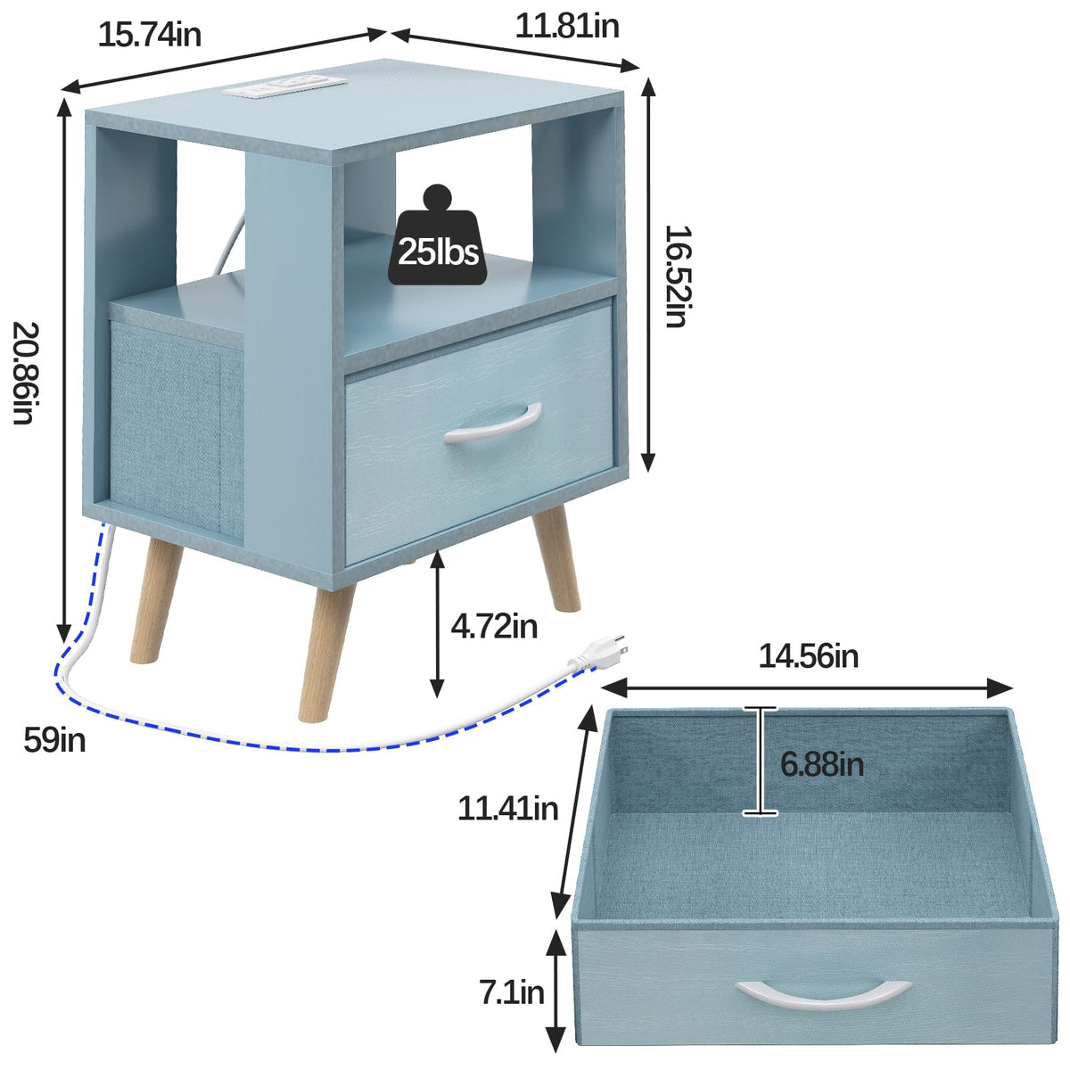 Blue Nightstand with Charging Station, 2-Tier Wooden Bedside Table N4852