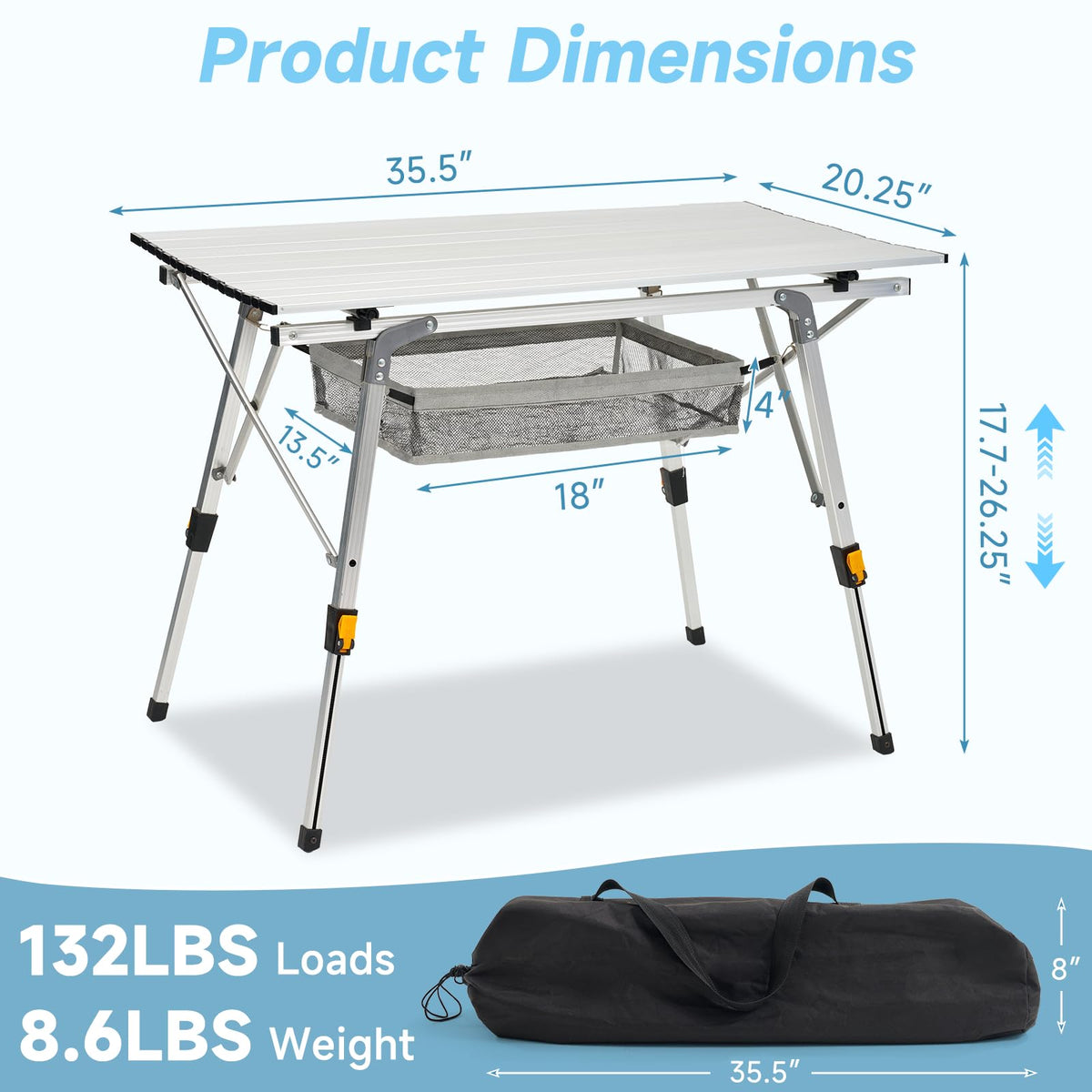 Camping Table Portable Foldable with Adjustable Legs & Storage Layer T90740