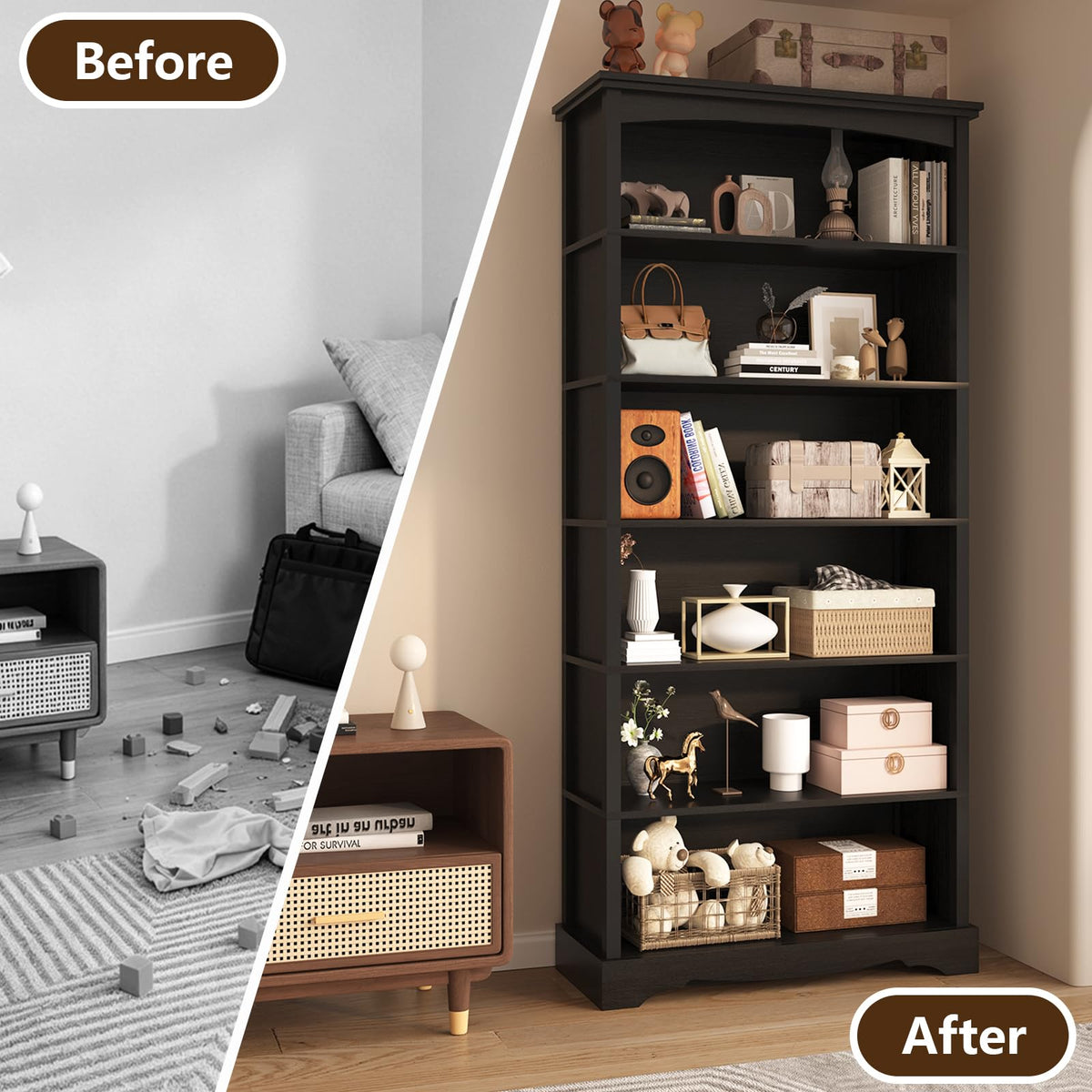 6-Tier 76 Inch Tall Black Wooden Bookshelf X535552