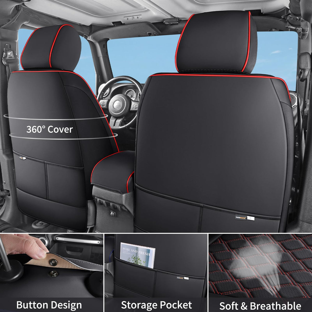 Waterproof Leather Seat Covers Full Set Black Red W980