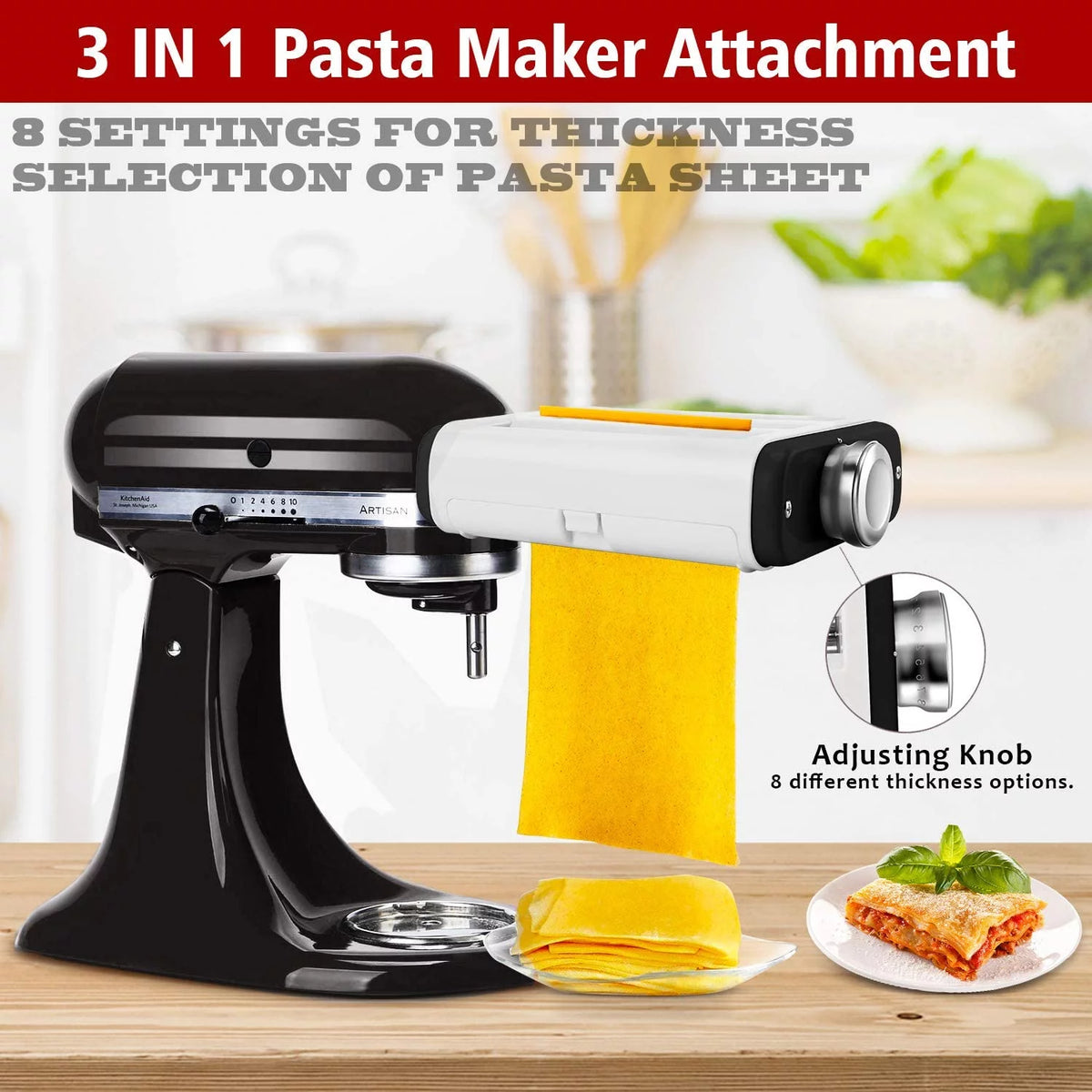 3 In 1 Pasta Maker Attachment for Kitchenaid Mixer with Pasta Dough Roller, Spaghetti Cutter, Fettuccine Cutter and Cleaning Brush O44867
