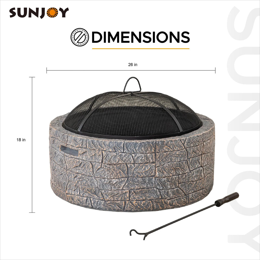 26 in. Stone Wood Burning Fire Pit with Steel Mesh Spark Screen and Fire Poker J94365