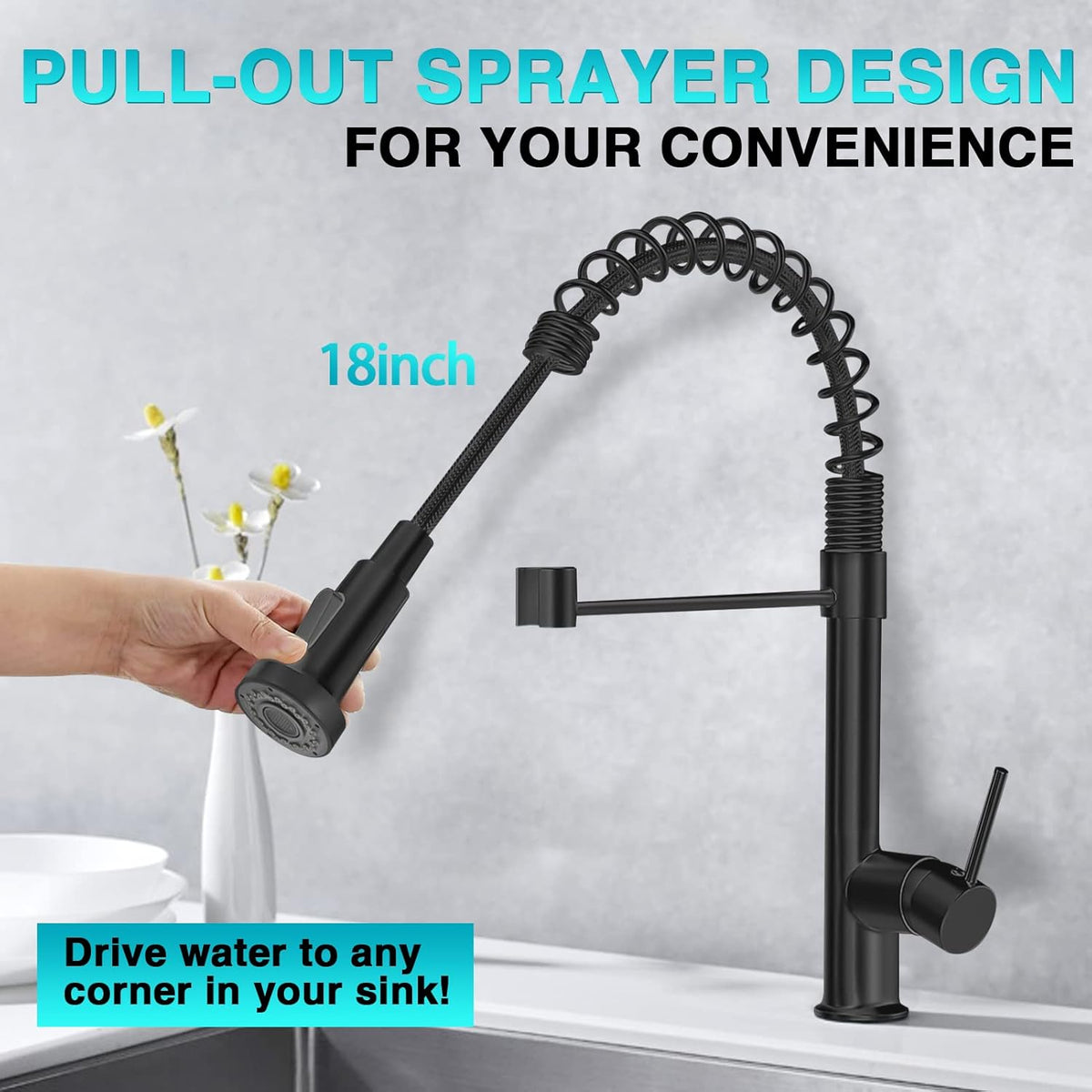 Matte Black 304 Stainless Steel Single Handle Spring Kitchen Sink Faucet with Pull Down Sprayer R5594
