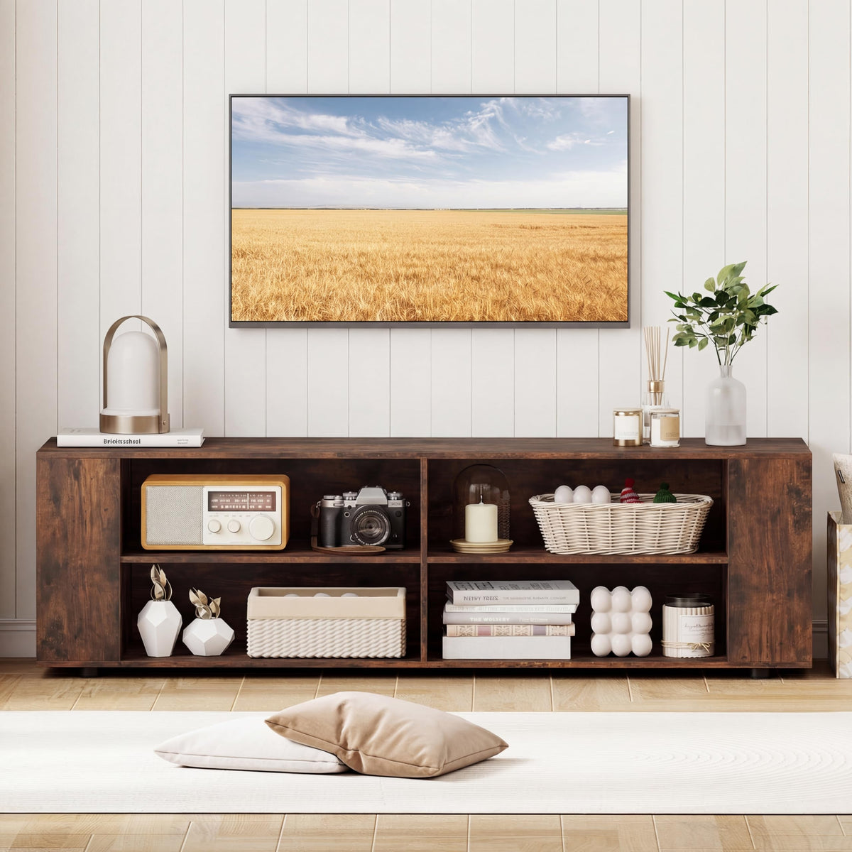 Rustic Brown Wood TV Stand with 8 Open Shelves U597346
