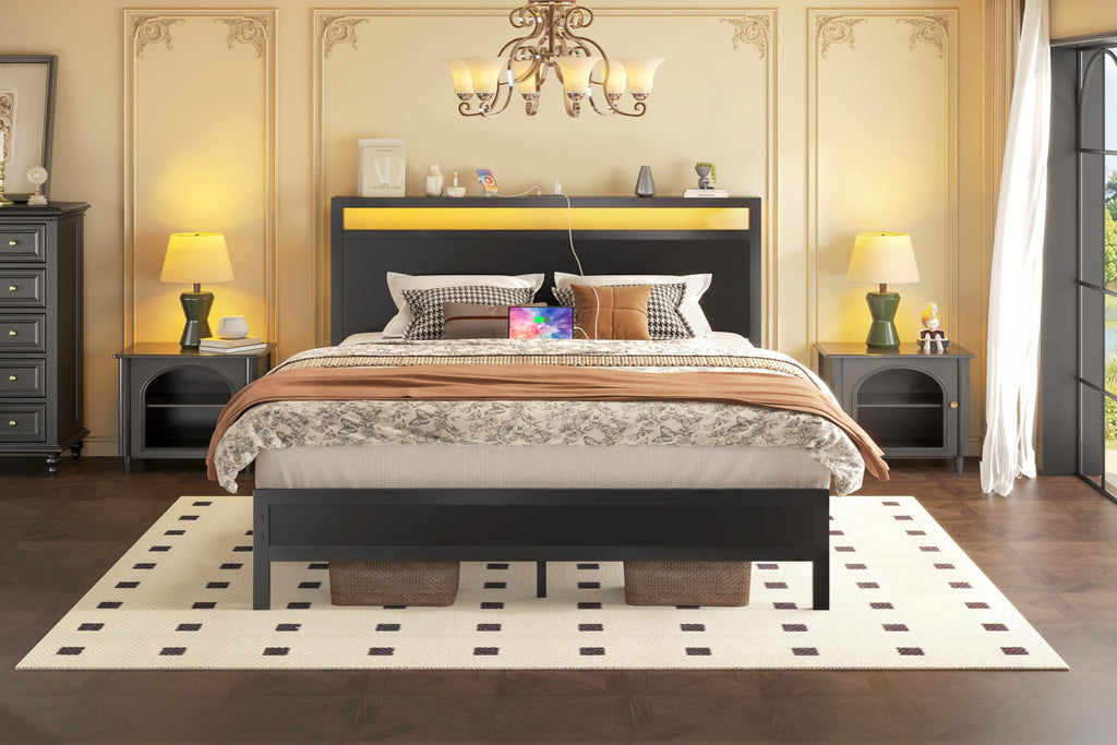 Full Bed Frame with Headboard, Footboard, Charging Station, LED Light, Storage Shelf, Black C949