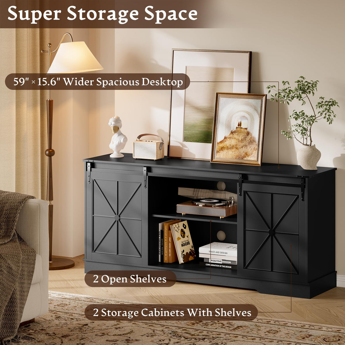 Black TV Stand with Sliding Barn Doors P6964
