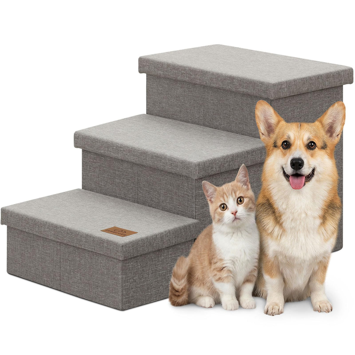Grey 3 Steps Dog Stairs with Storage G198