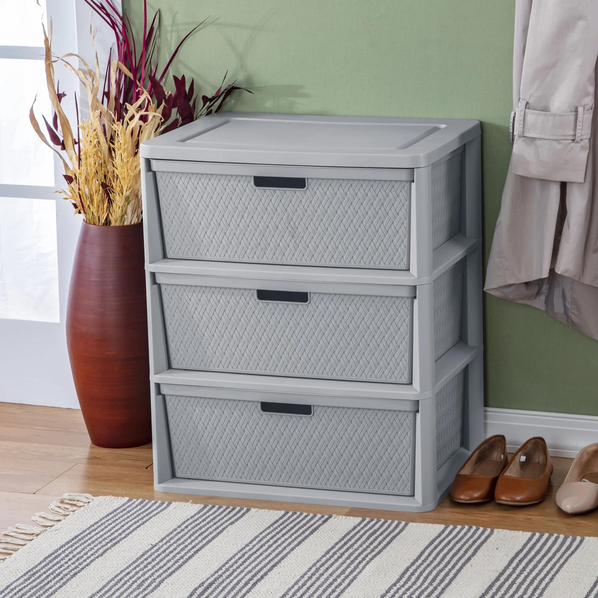 Wide 3-Drawer Plastic Storage Tower with Removable Bins, Gray C733