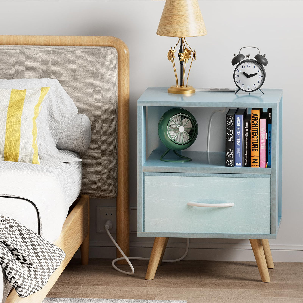 Blue Nightstand with Charging Station, 2-Tier Wooden Bedside Table N4852