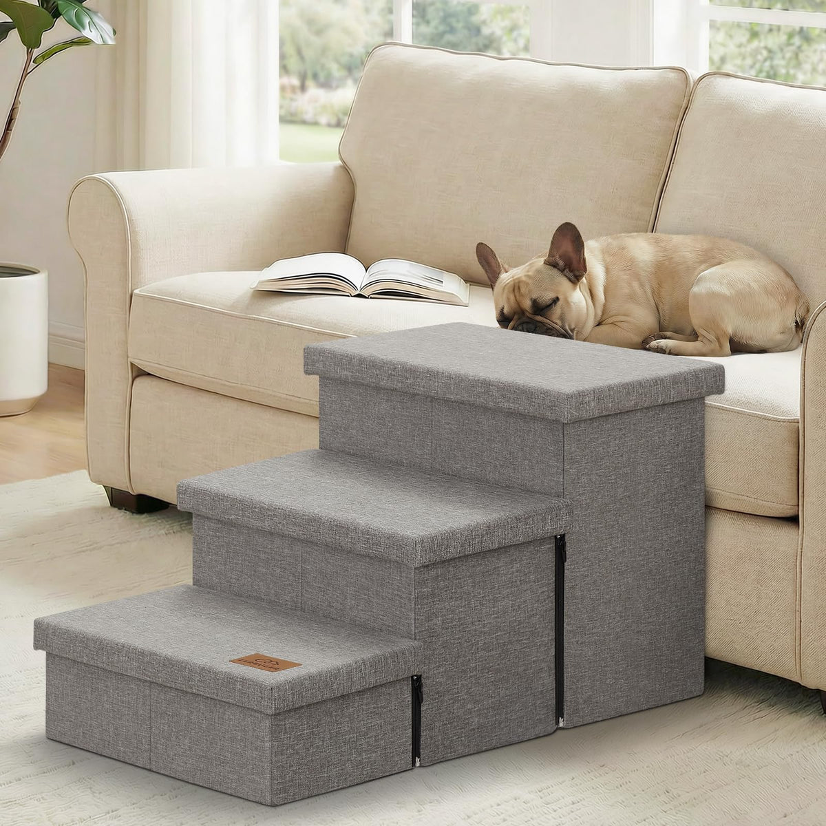 Grey 3 Steps Dog Stairs with Storage G198