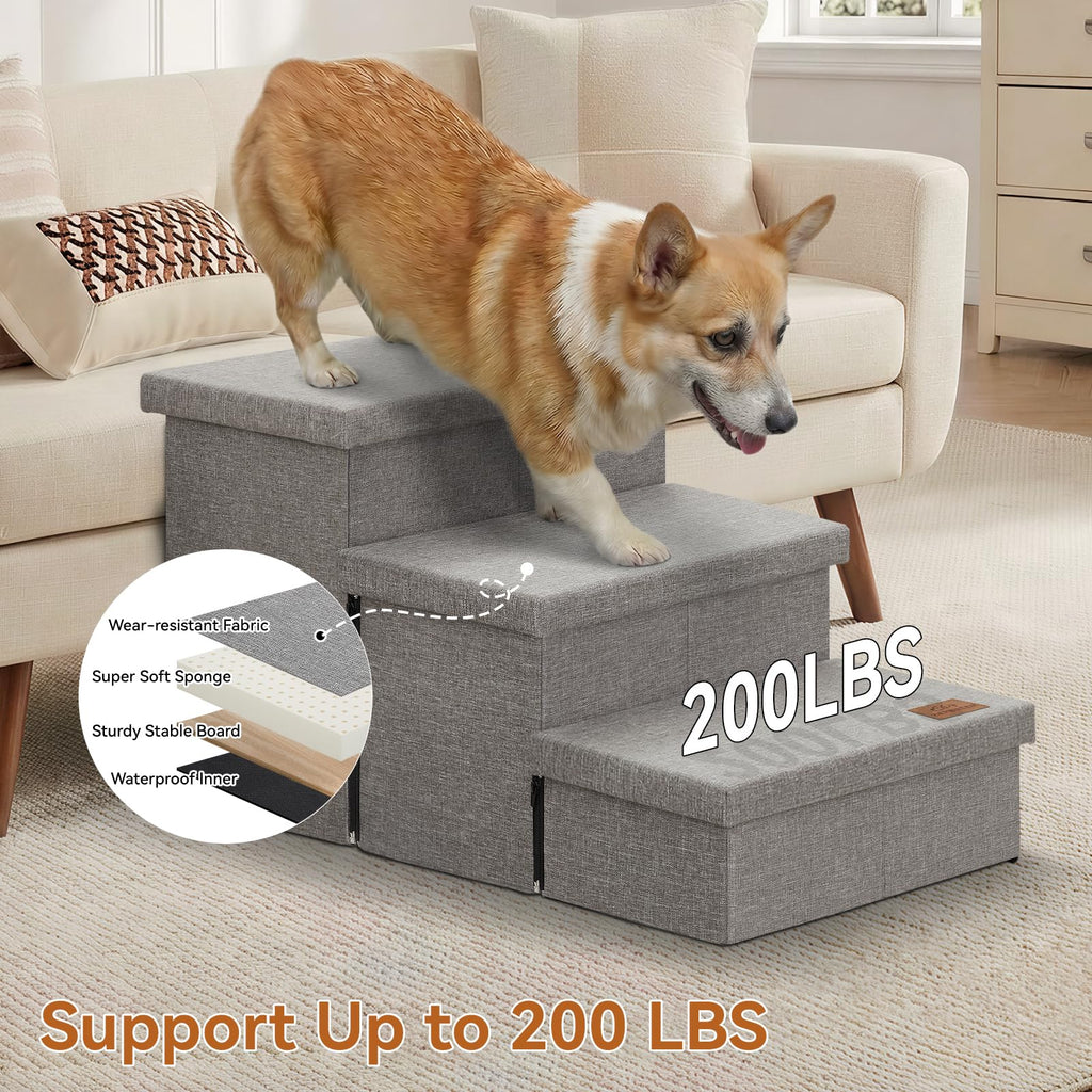 Grey 3 Steps Dog Stairs with Storage G198