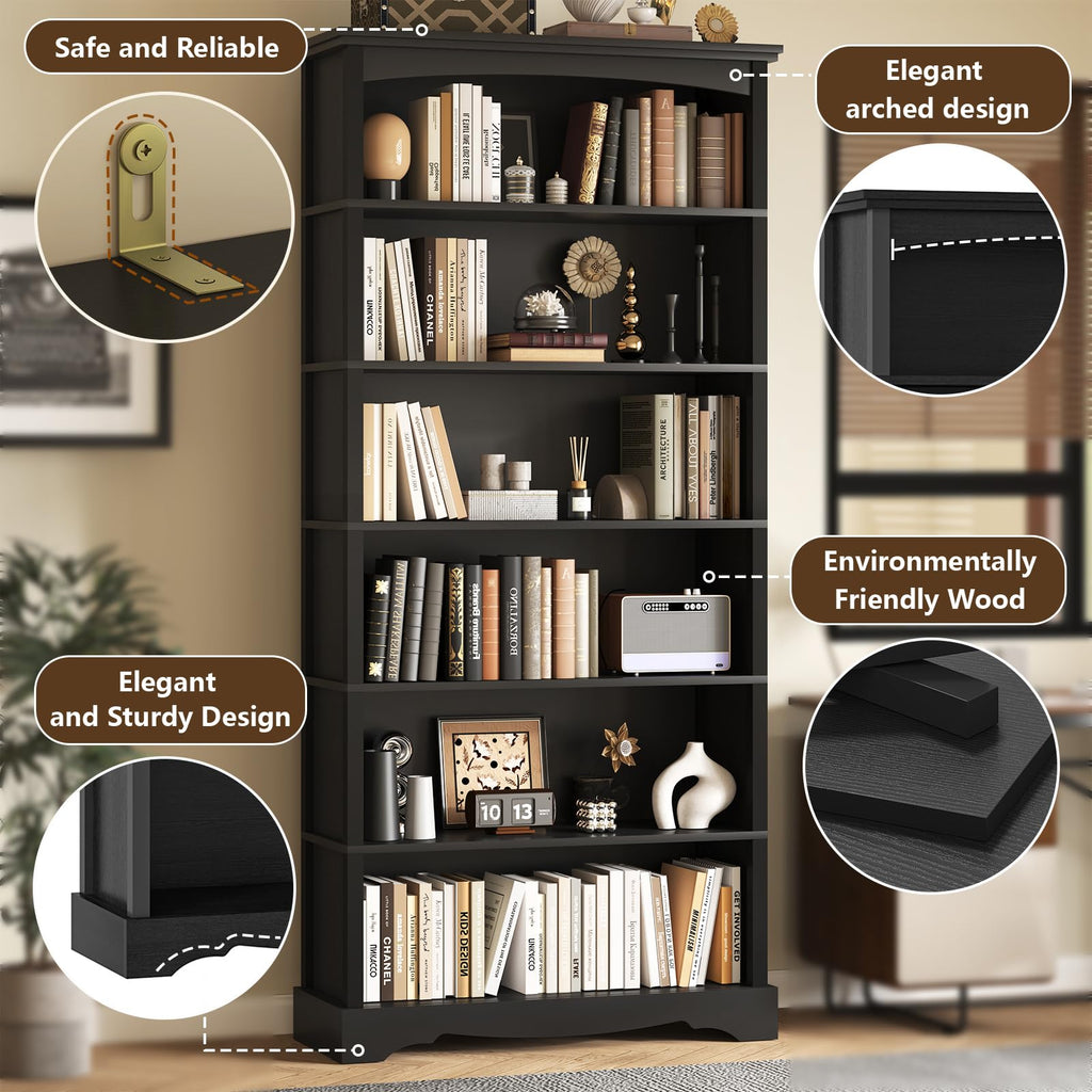 6-Tier 76 Inch Tall Black Wooden Bookshelf X535552