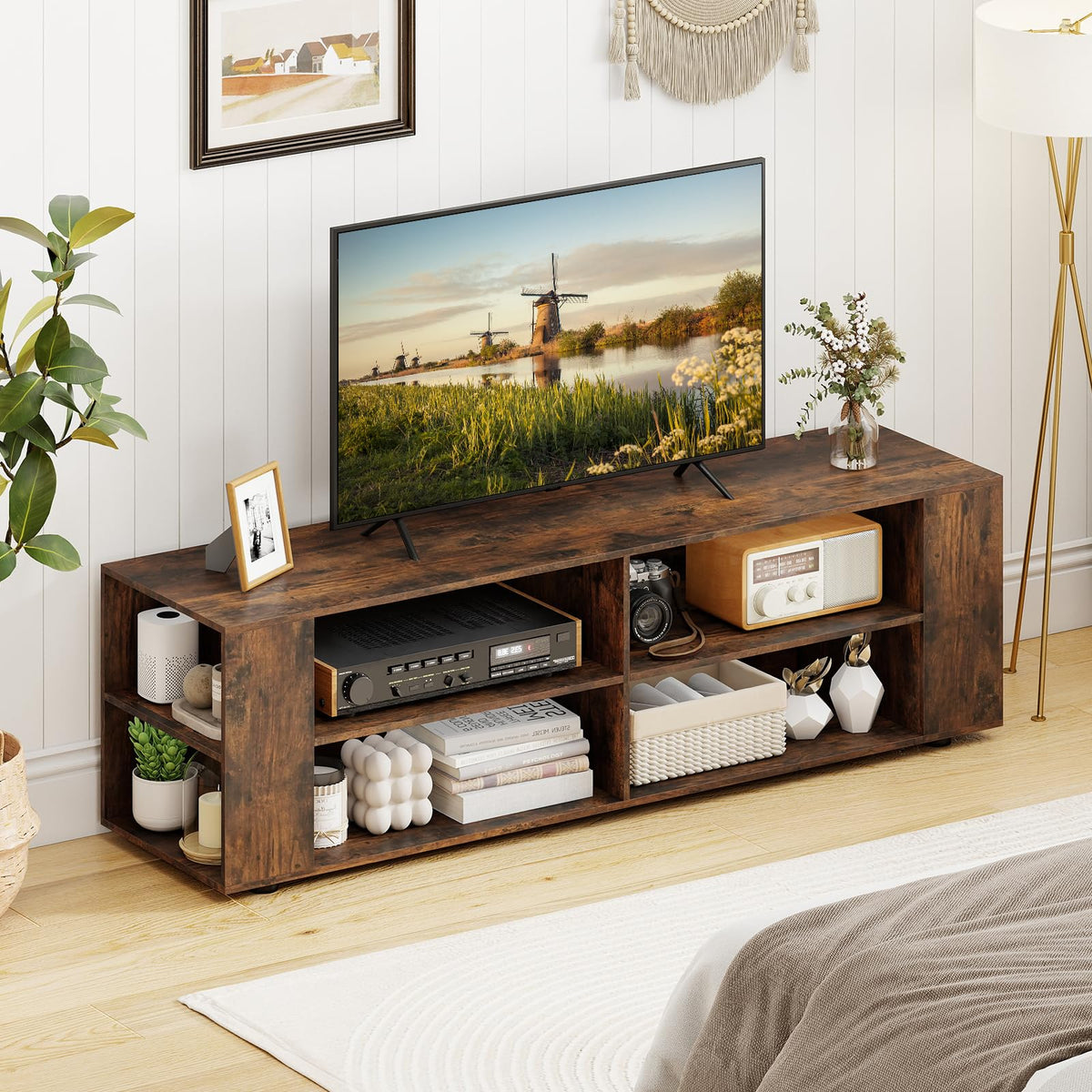 Rustic Brown Wood TV Stand with 8 Open Shelves U597346