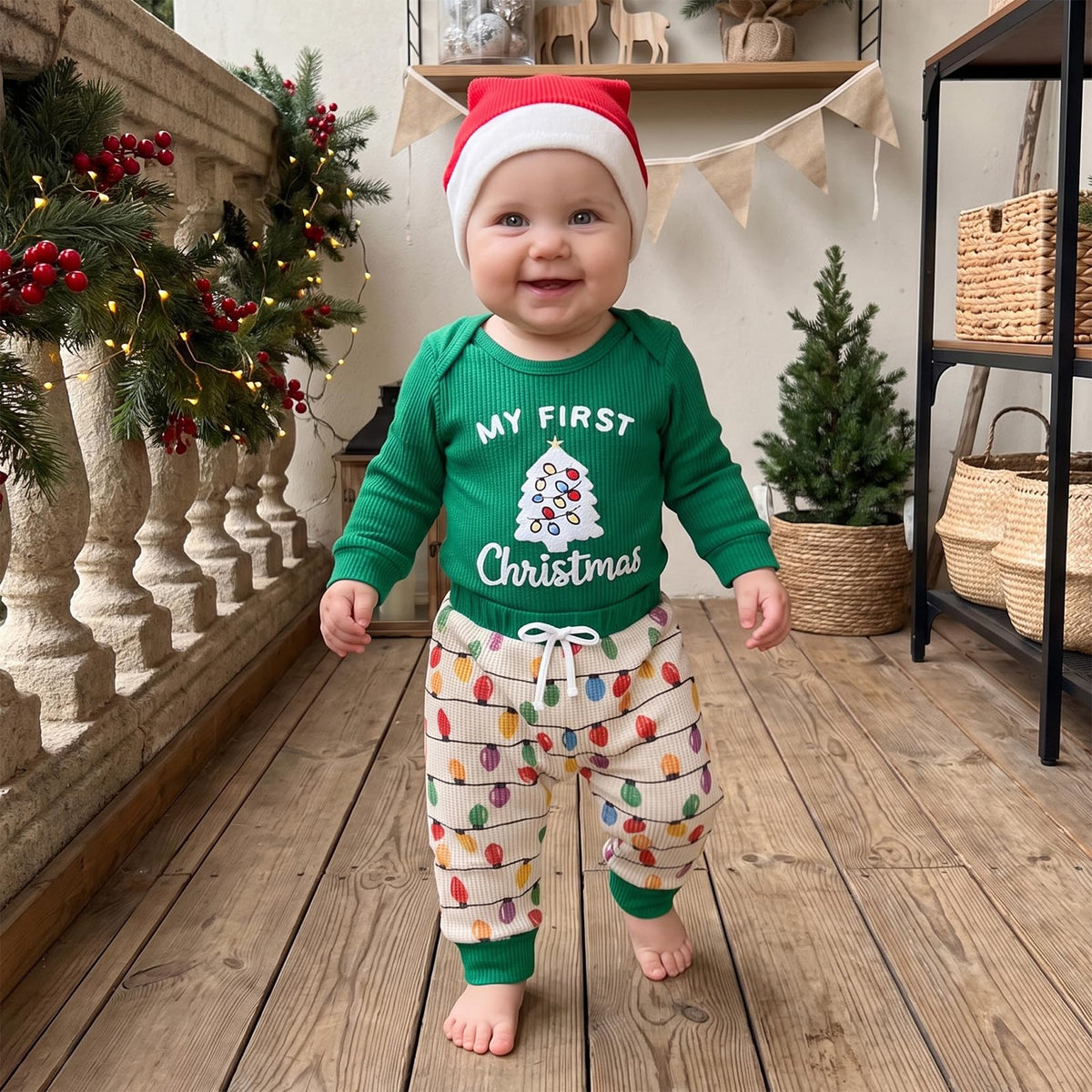 Christmas Baby Boy Outfit Romper Pants Hat Set 0-12M C28706