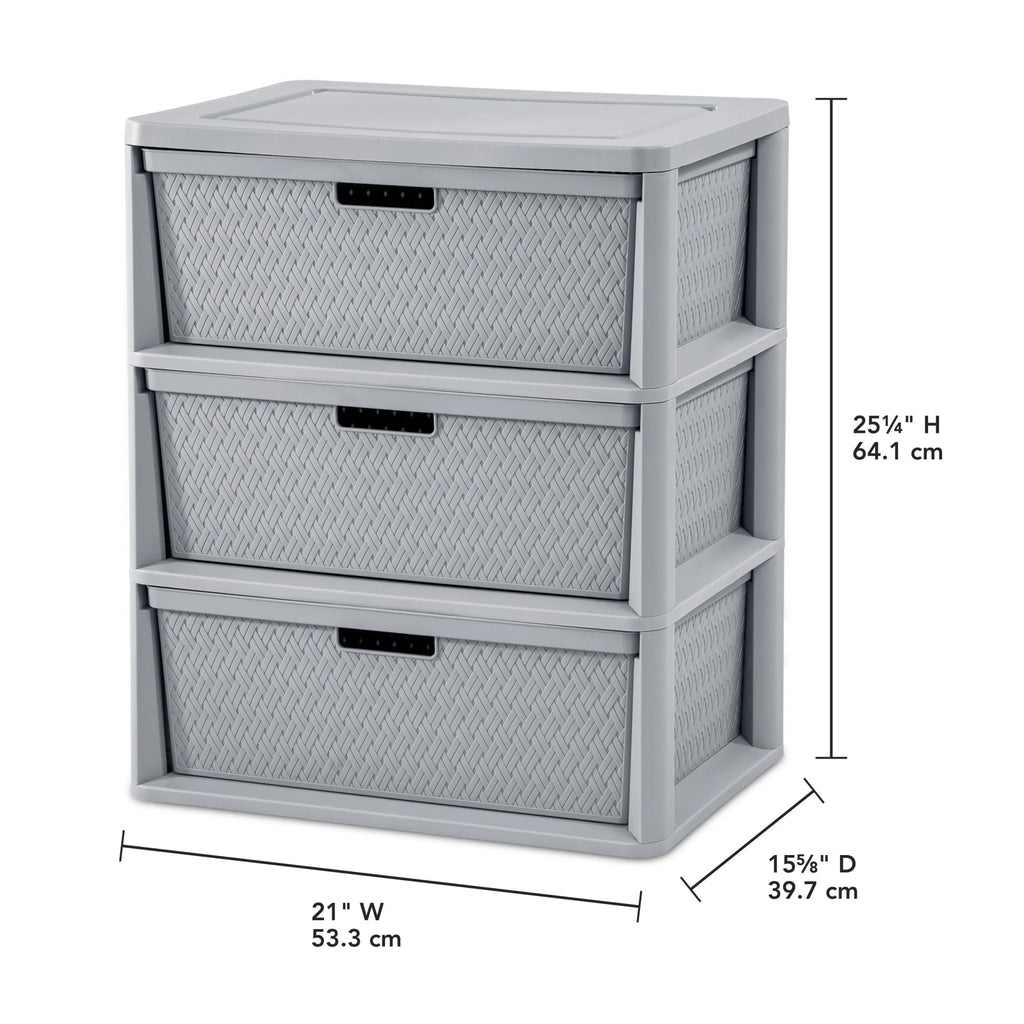 Wide 3-Drawer Plastic Storage Tower with Removable Bins, Gray C733