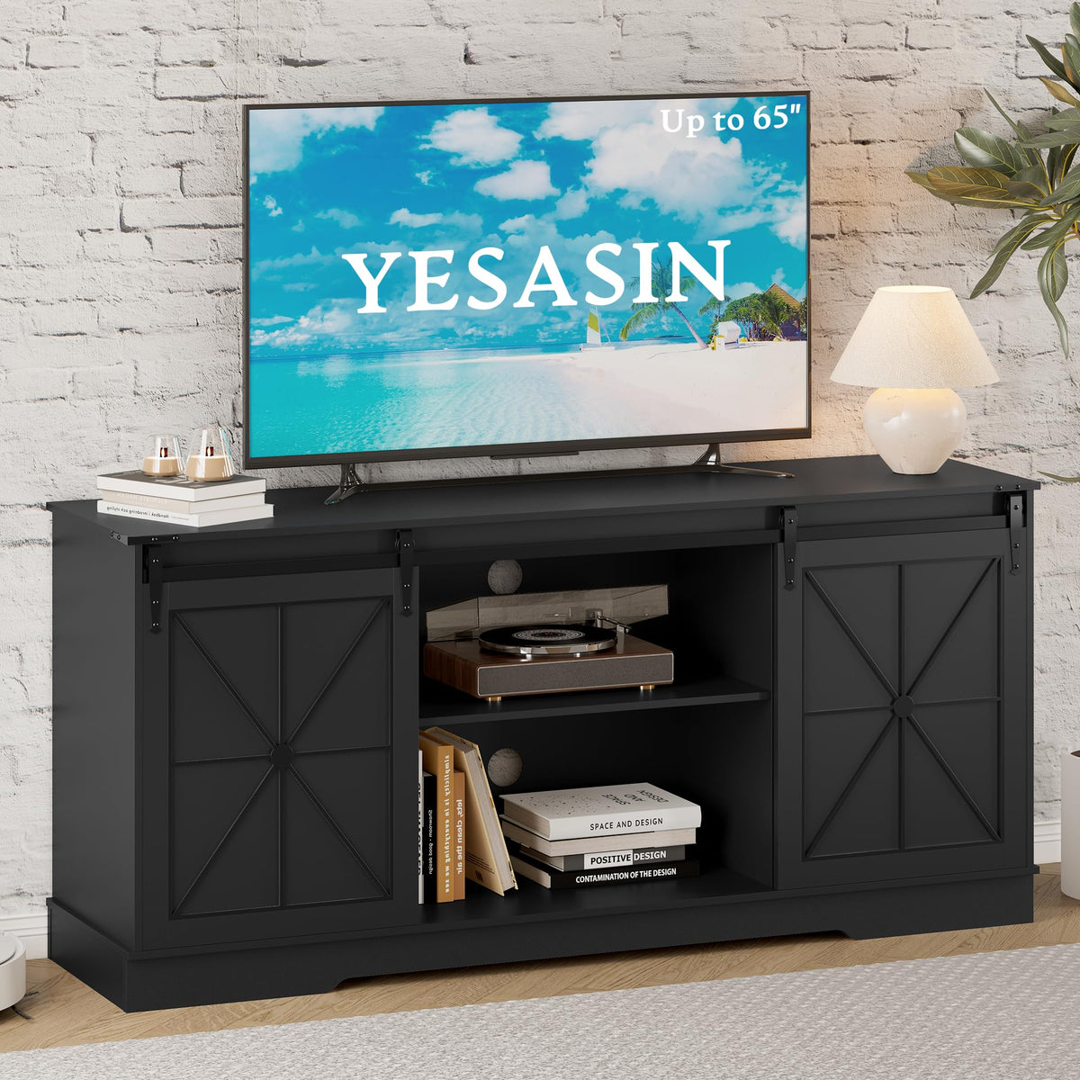 Black TV Stand with Sliding Barn Doors P6964