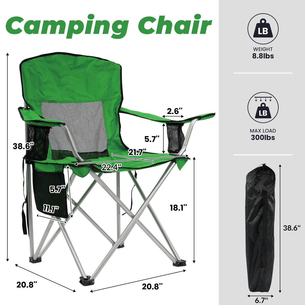 2 Pack Folding Camping Chair with Cup Holder & Carry Bag, Grass Green O50002