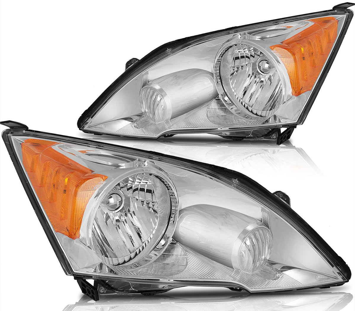 Headlight Assembly Chrome Housing Amber Reflector Clear Lens Driver and Passenger Side Pair Y4856