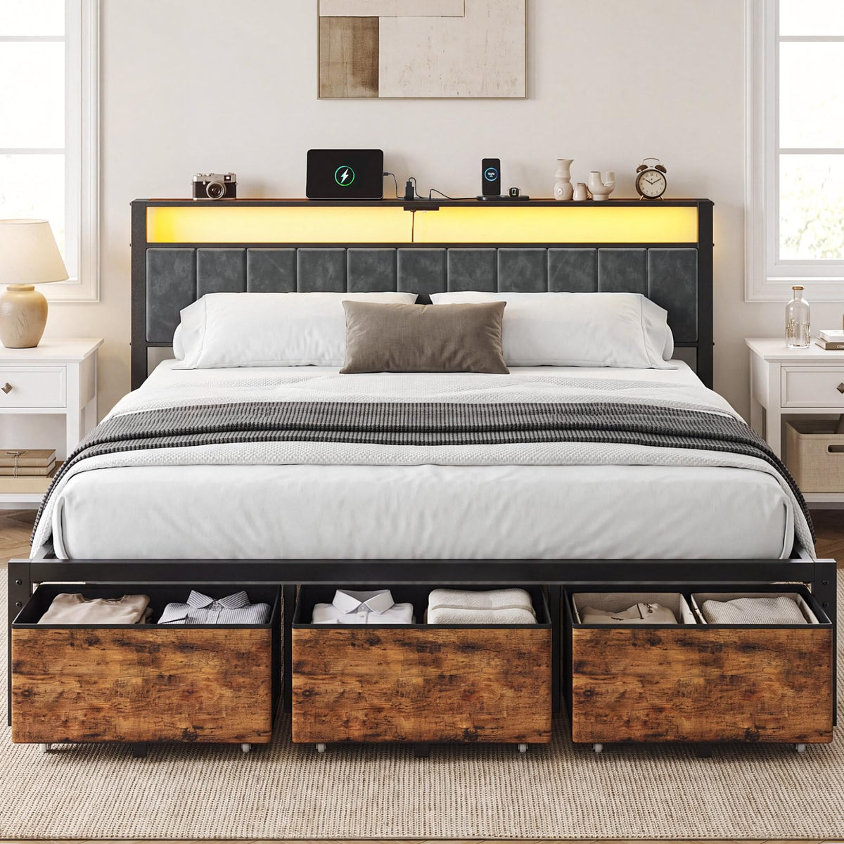 King Size Bed Frame with Storage Headboard and 3 Drawers L177520