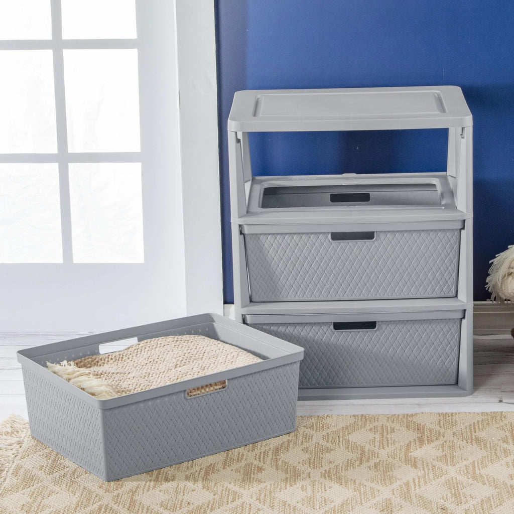 Wide 3-Drawer Plastic Storage Tower with Removable Bins, Gray C733