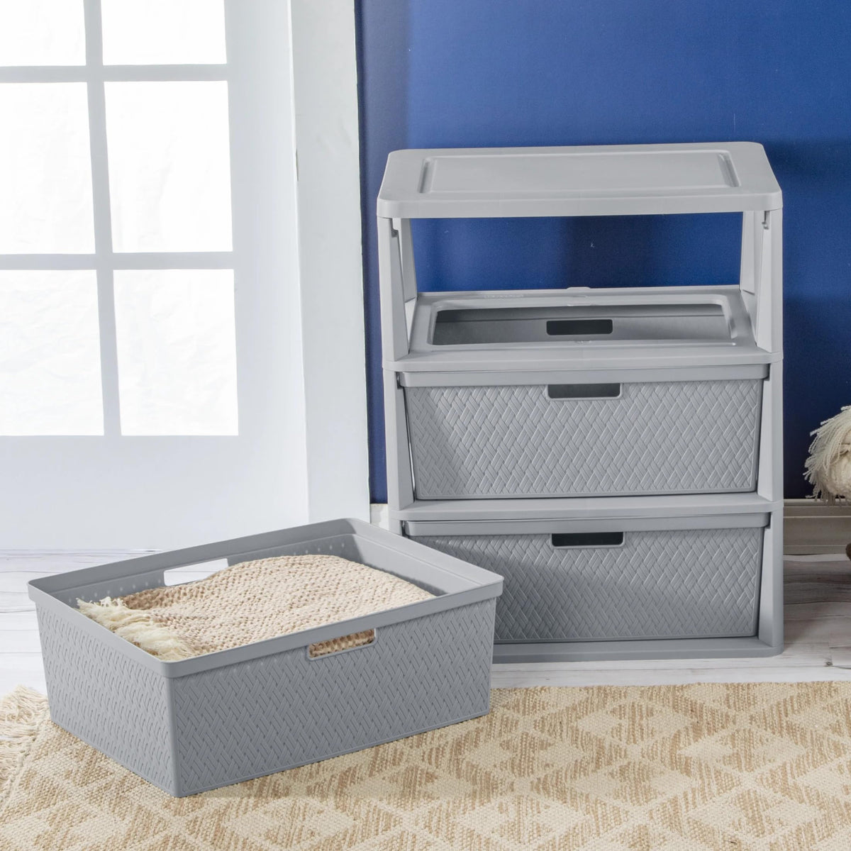 Wide 3-Drawer Plastic Storage Tower with Removable Bins, Gray C733