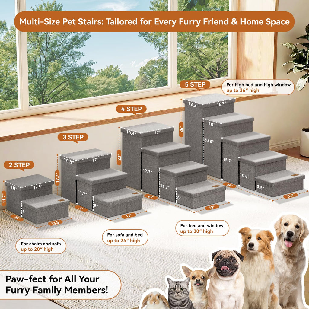 Grey 3 Steps Dog Stairs with Storage G198