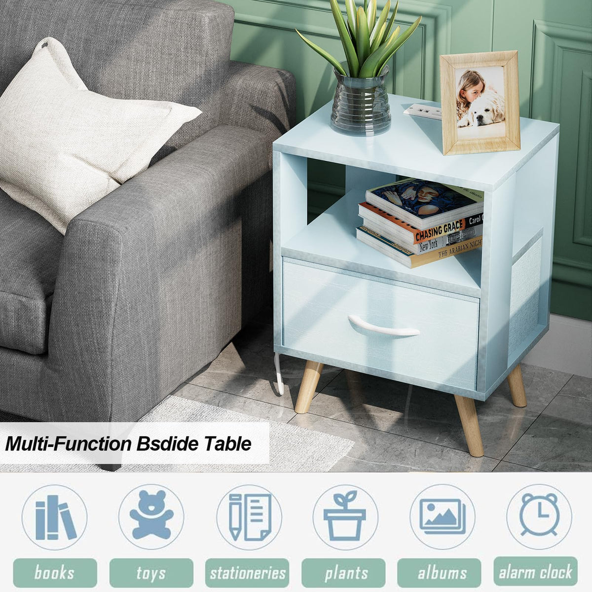 Blue Nightstand with Charging Station, 2-Tier Wooden Bedside Table N4852