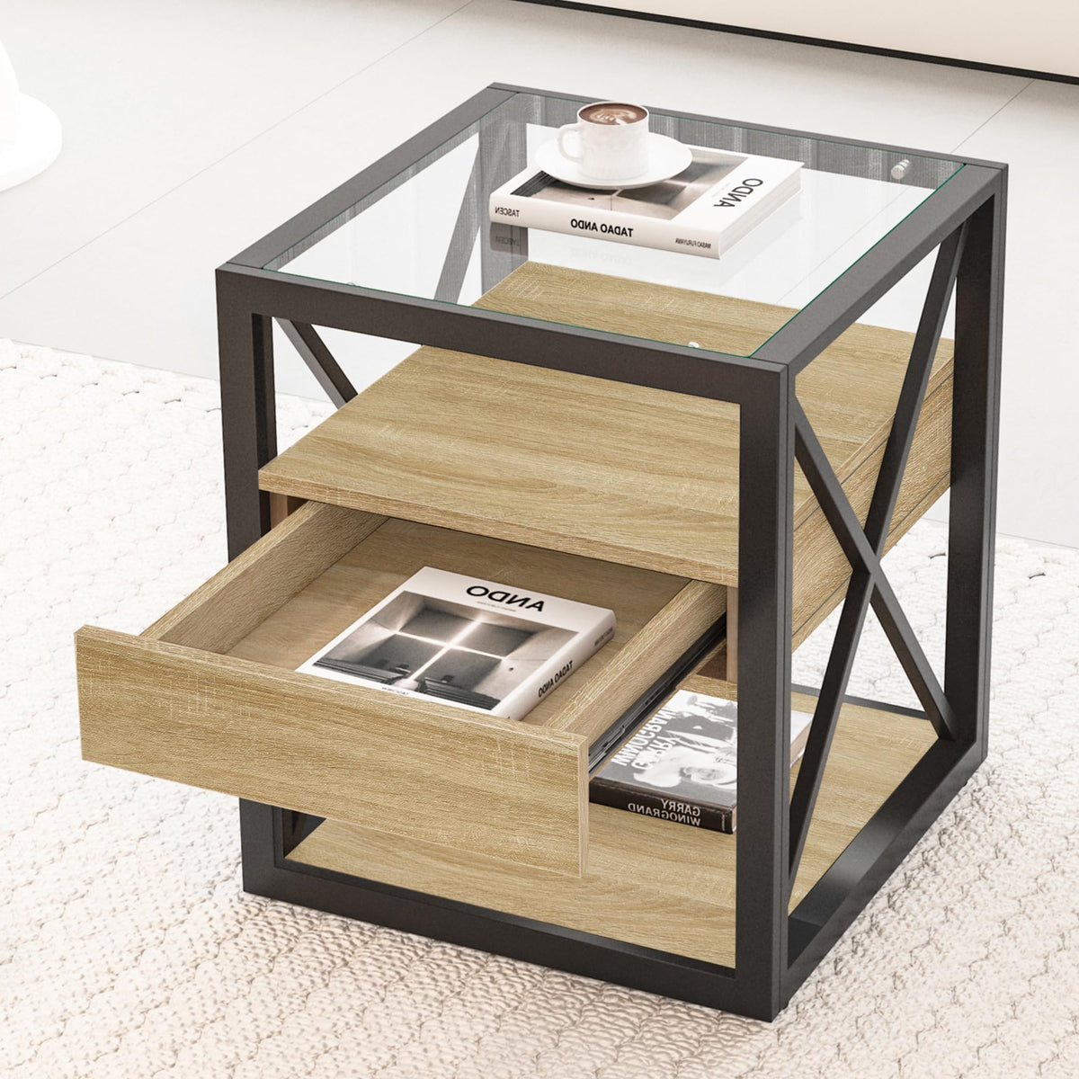 Brown Wood Glass Metal End Table Set of 2 A79588