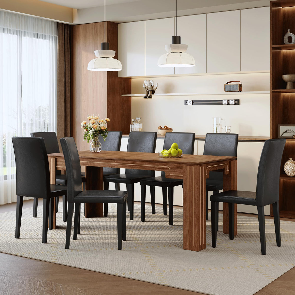 9 Piece Walnut Wood Grain Dining Table Set with 8 Black Chairs O82167