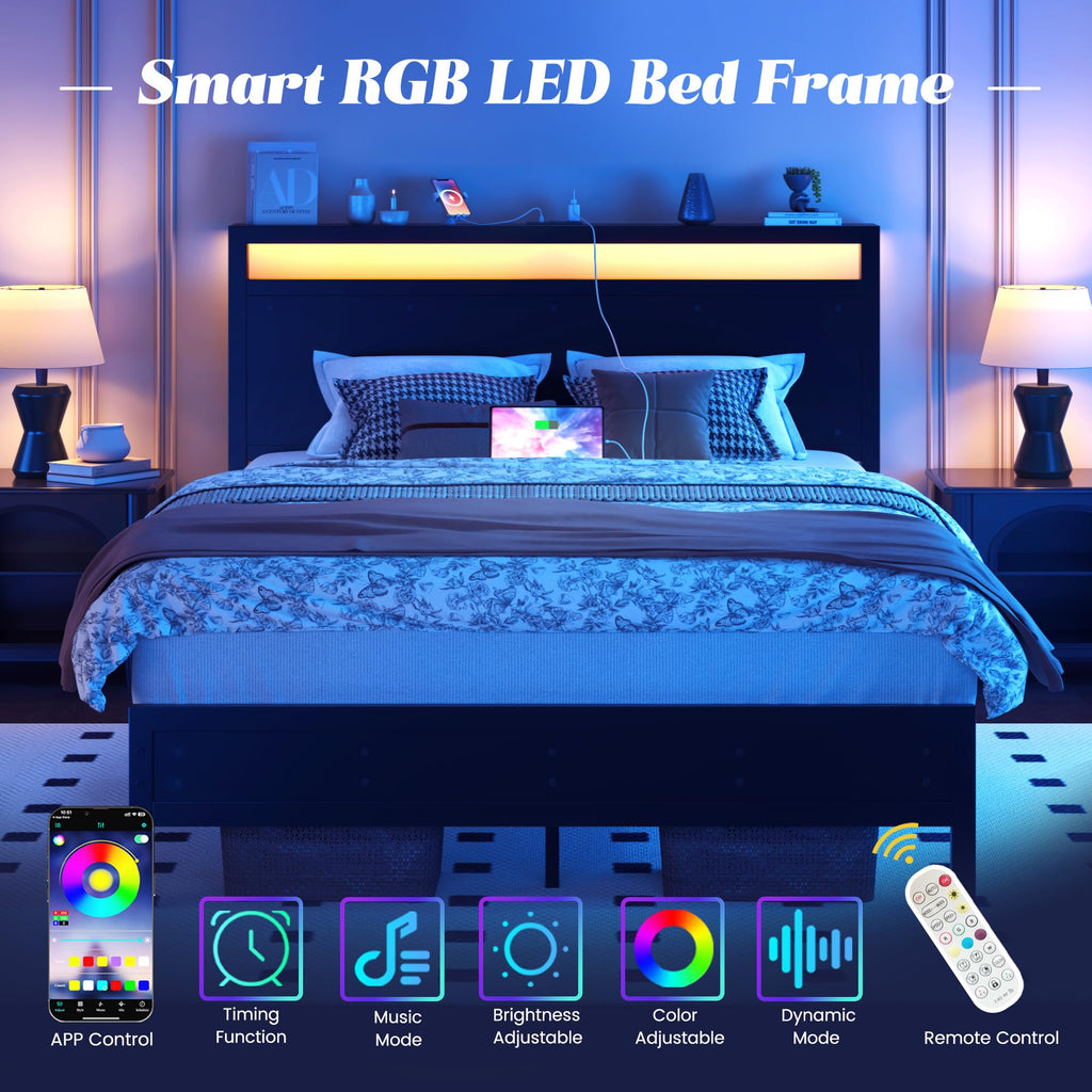 Full Bed Frame with Headboard, Footboard, Charging Station, LED Light, Storage Shelf, Black C949
