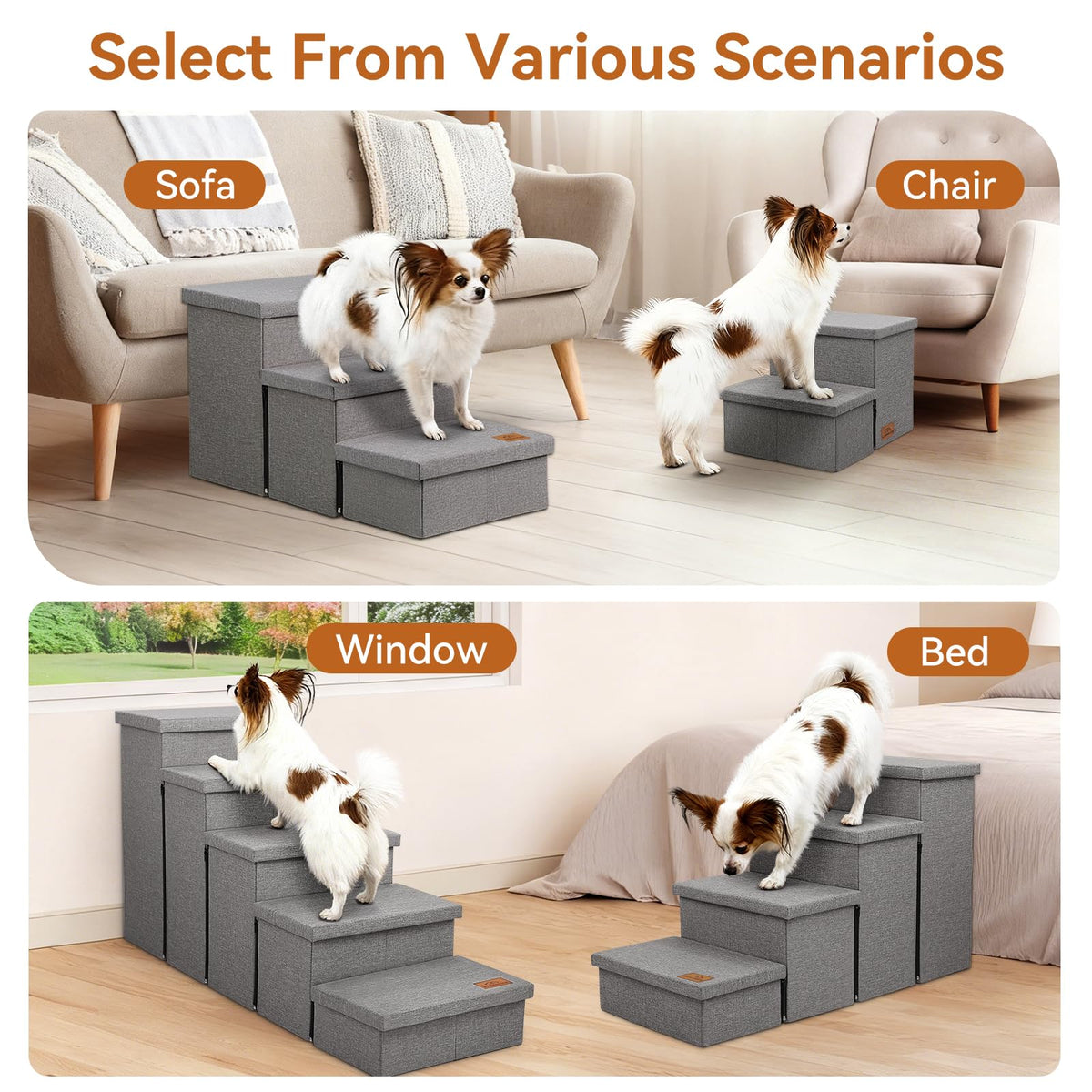 Grey 3 Steps Dog Stairs with Storage G198