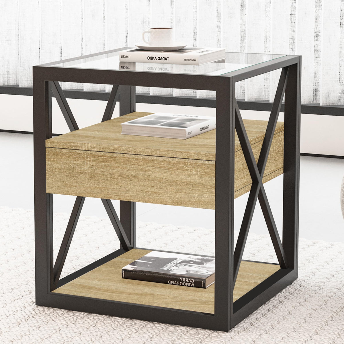 Brown Wood Glass Metal End Table Set of 2 A79588