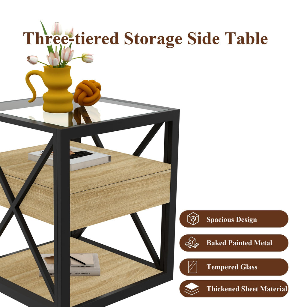 Brown Wood Glass Metal End Table Set of 2 A79588