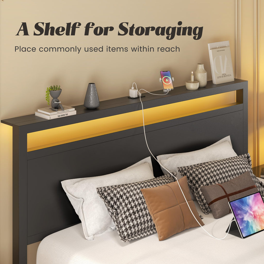 Full Bed Frame with Headboard, Footboard, Charging Station, LED Light, Storage Shelf, Black C949