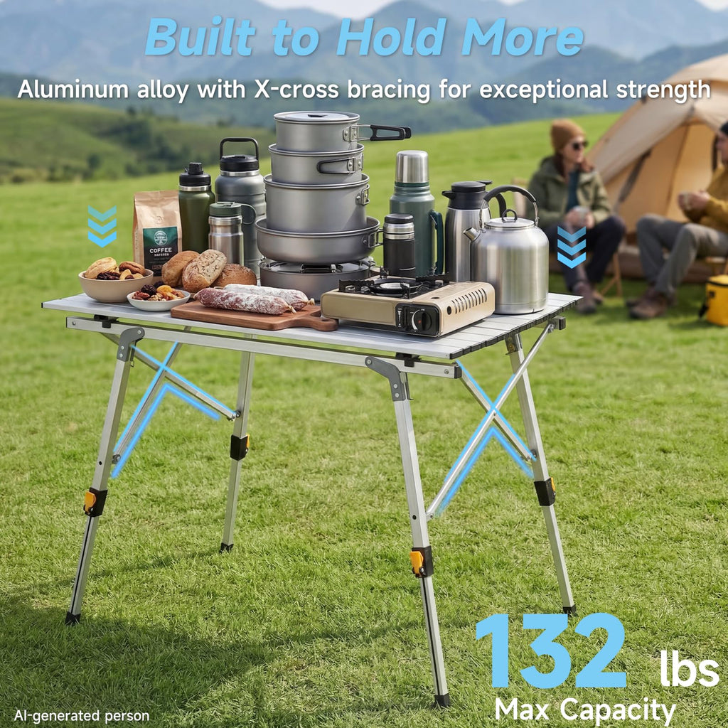 Camping Table Portable Foldable with Adjustable Legs & Storage Layer T90740