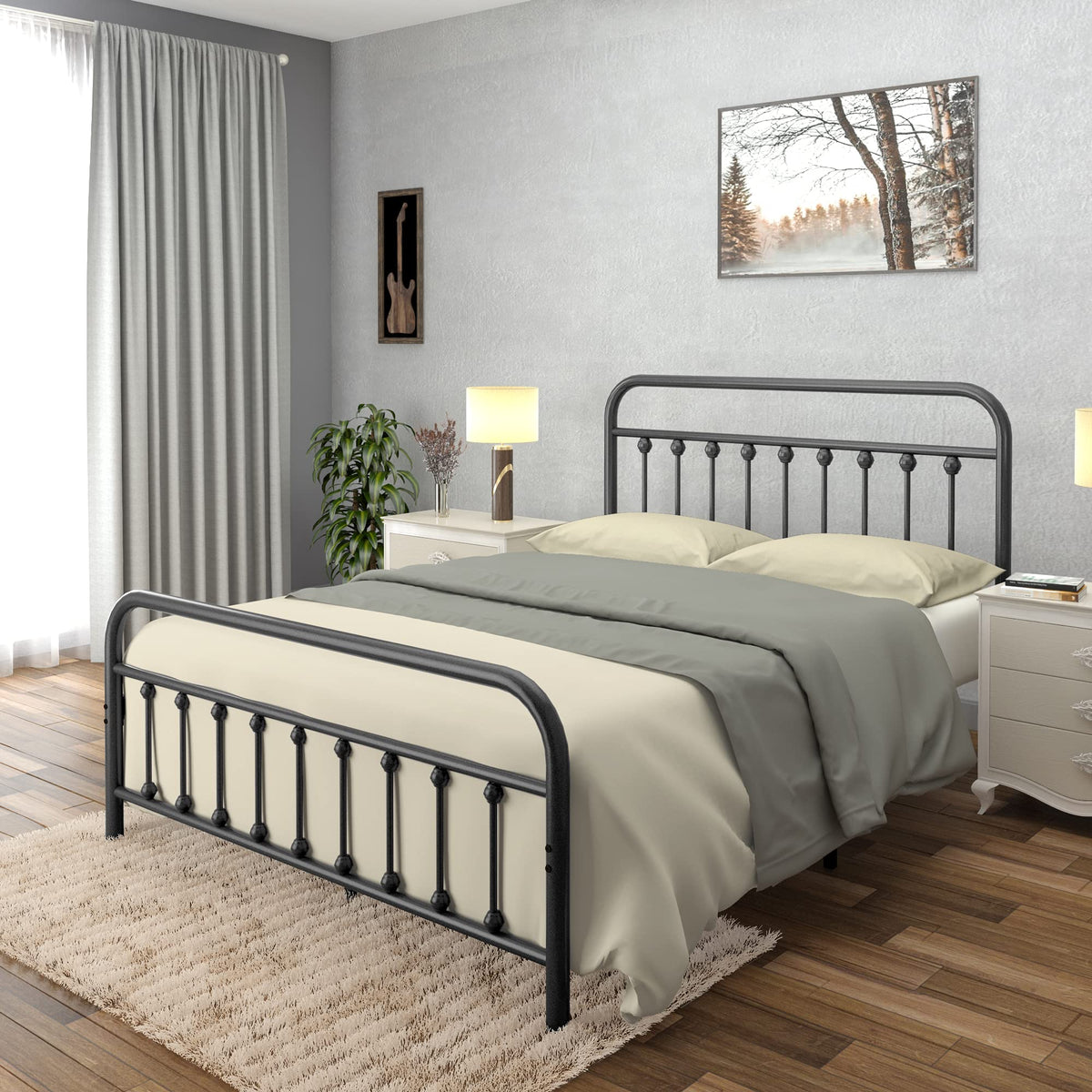 Black Full Size Metal Bed Frame with Wrought Iron Headboard N823942